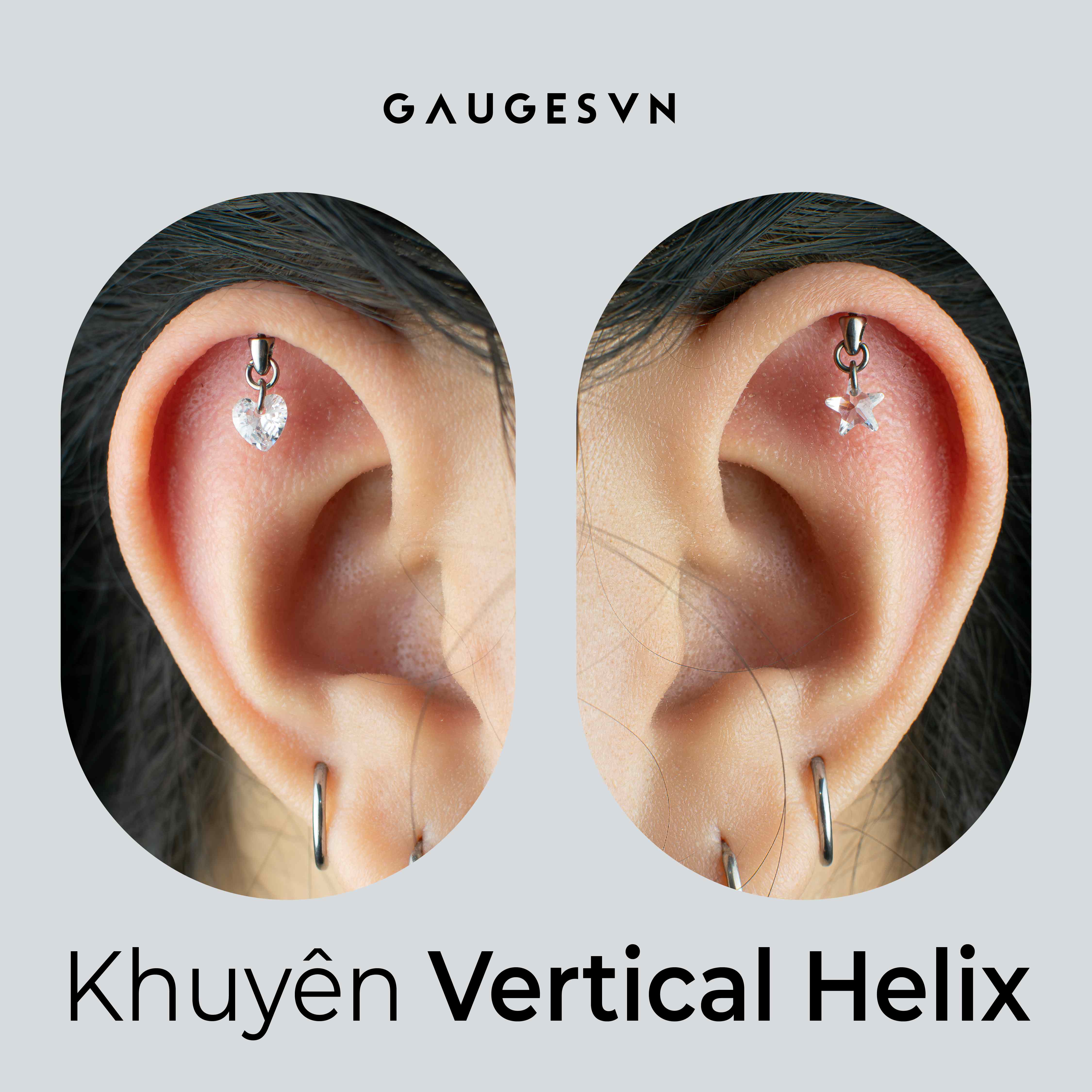 Khuyên tai Vertical Helix TITANIUM fall đá trái tim và ngôi sao