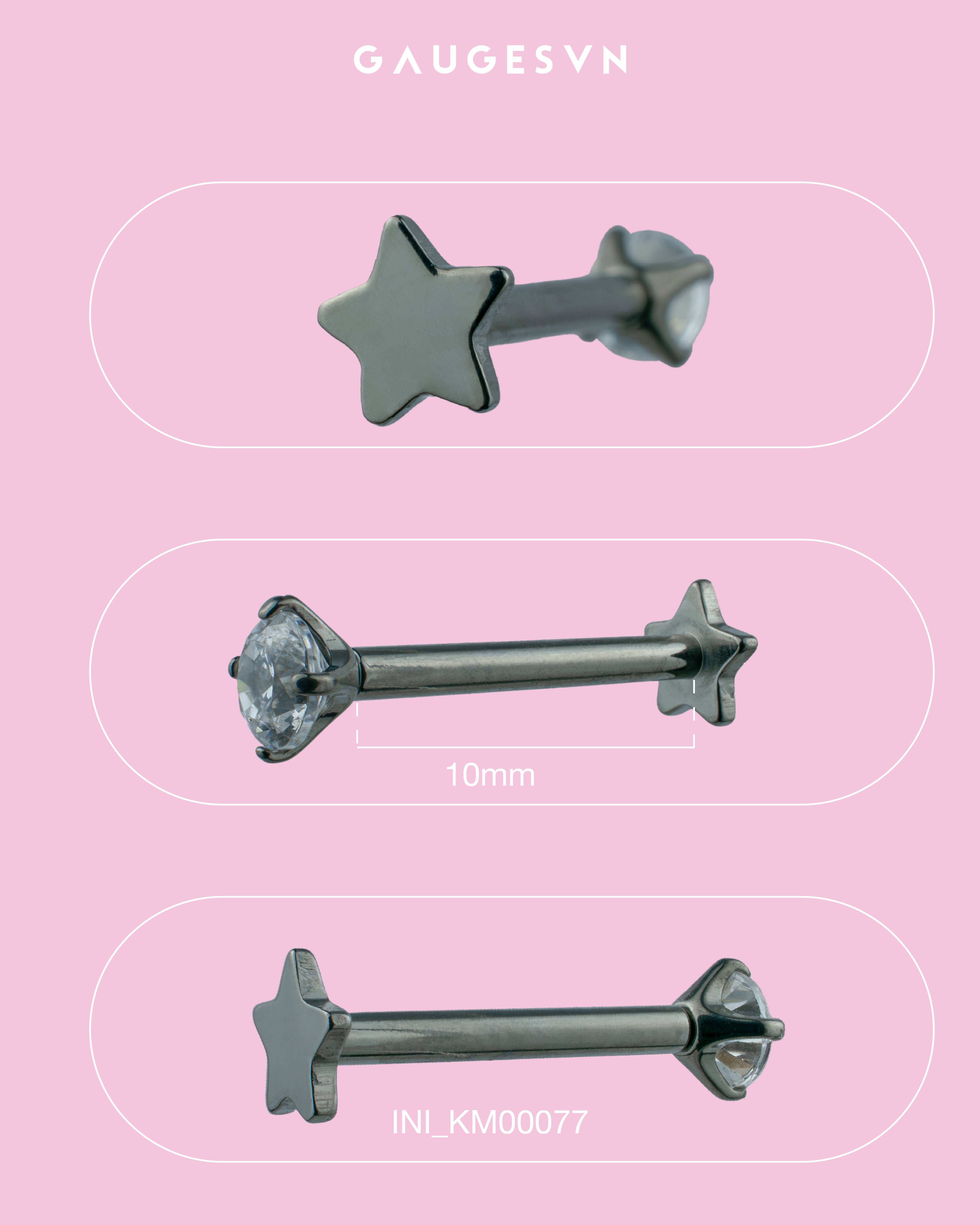 Khuyên tai TITANIUM đá tròn trắng chân ngôi sao dài 10mm đá 3mm