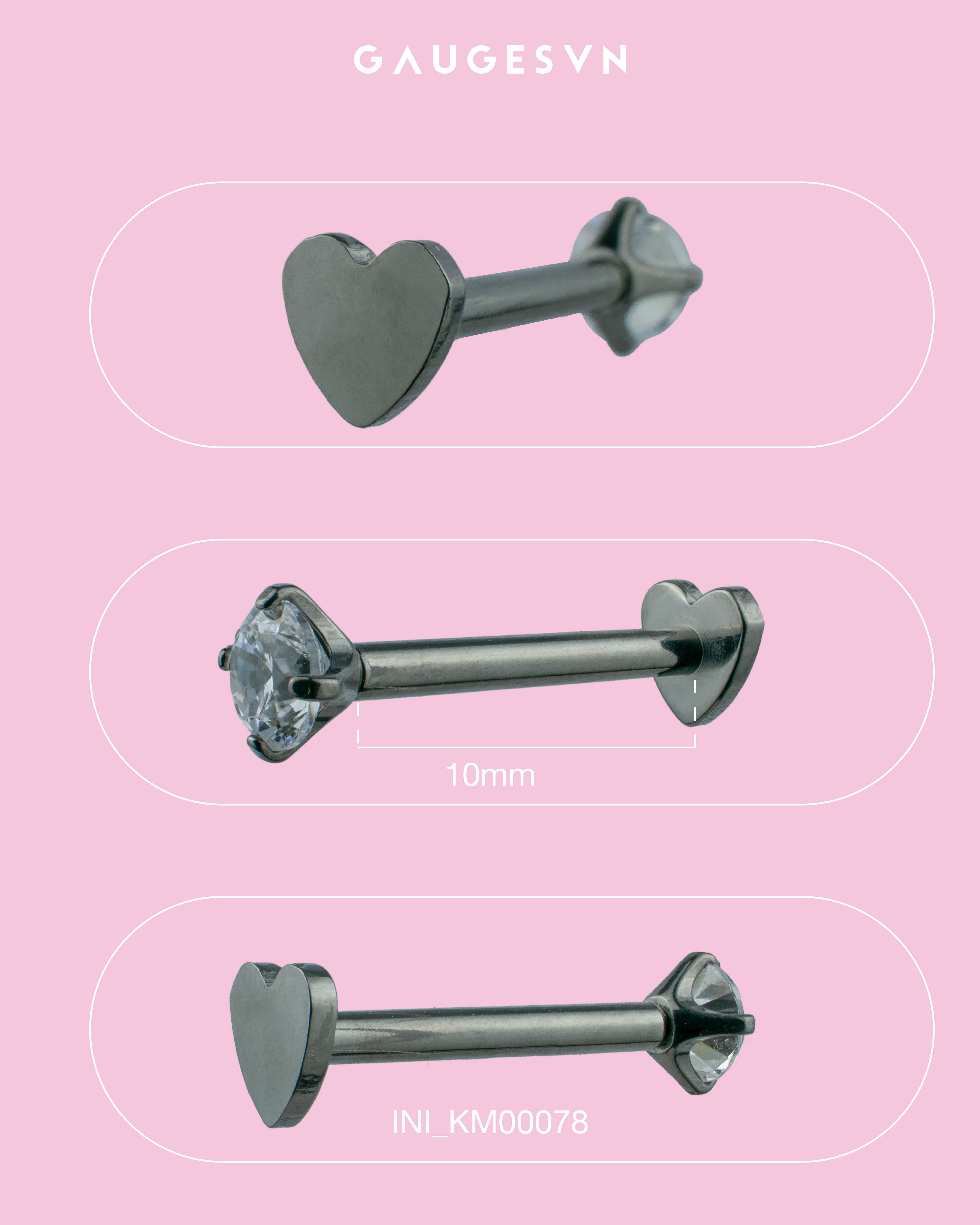 Khuyên tai TITANIUM đá tròn trắng chân trái tim dài 10mm đá 3mm