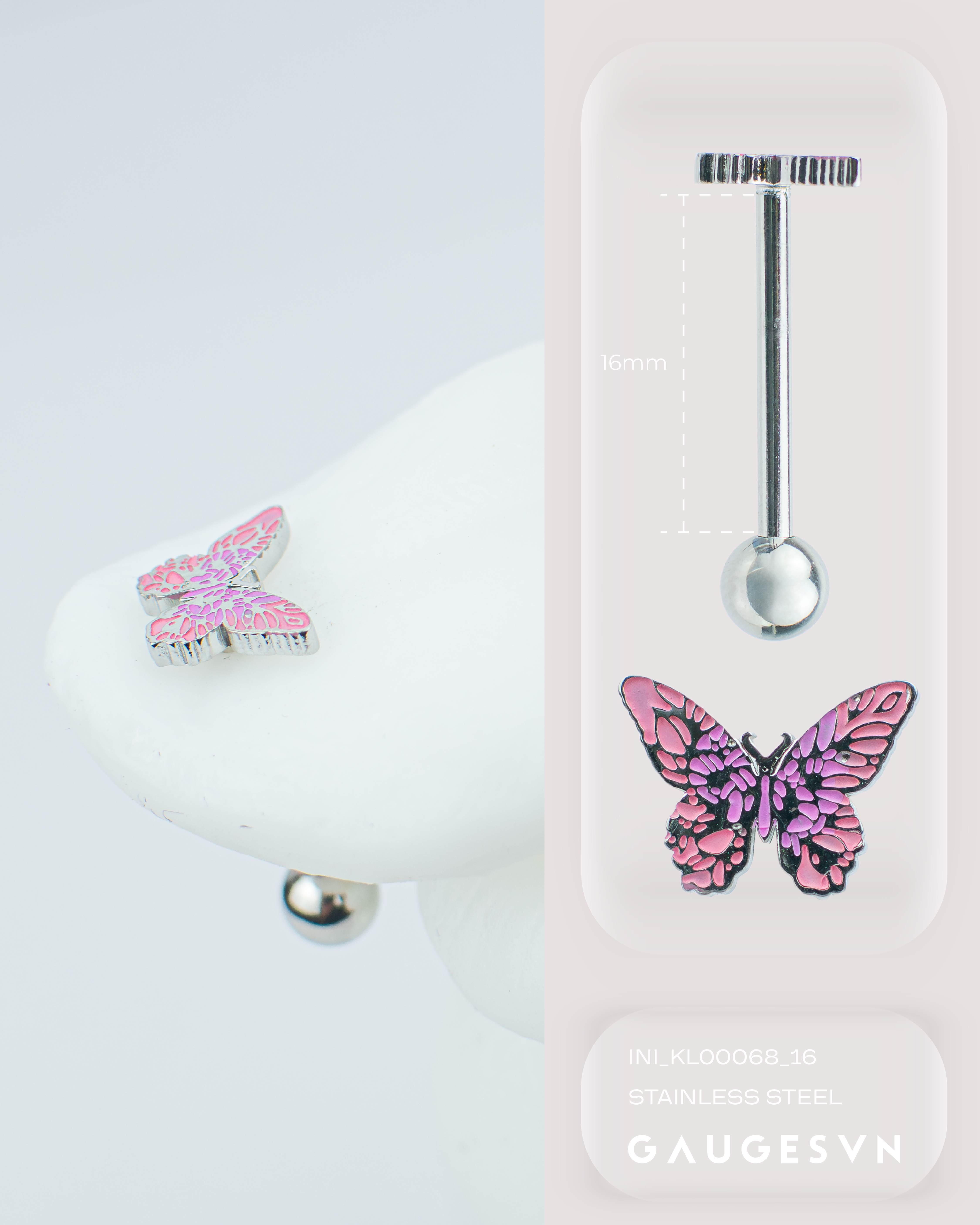 Khuyên lưỡi thép Thái butterfly màu cam hồng