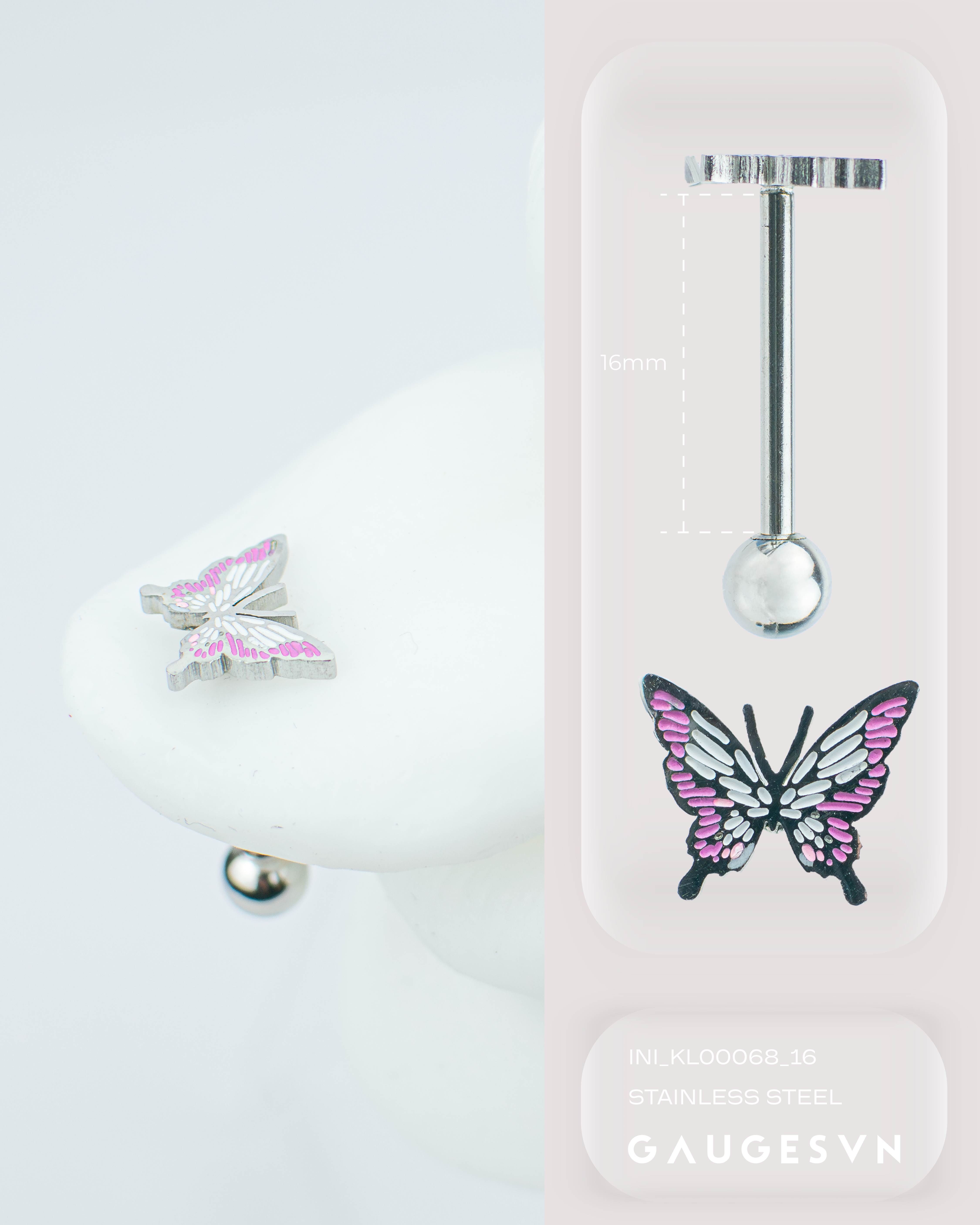 Khuyên lưỡi thép Thái butterfly màu hồng trắng