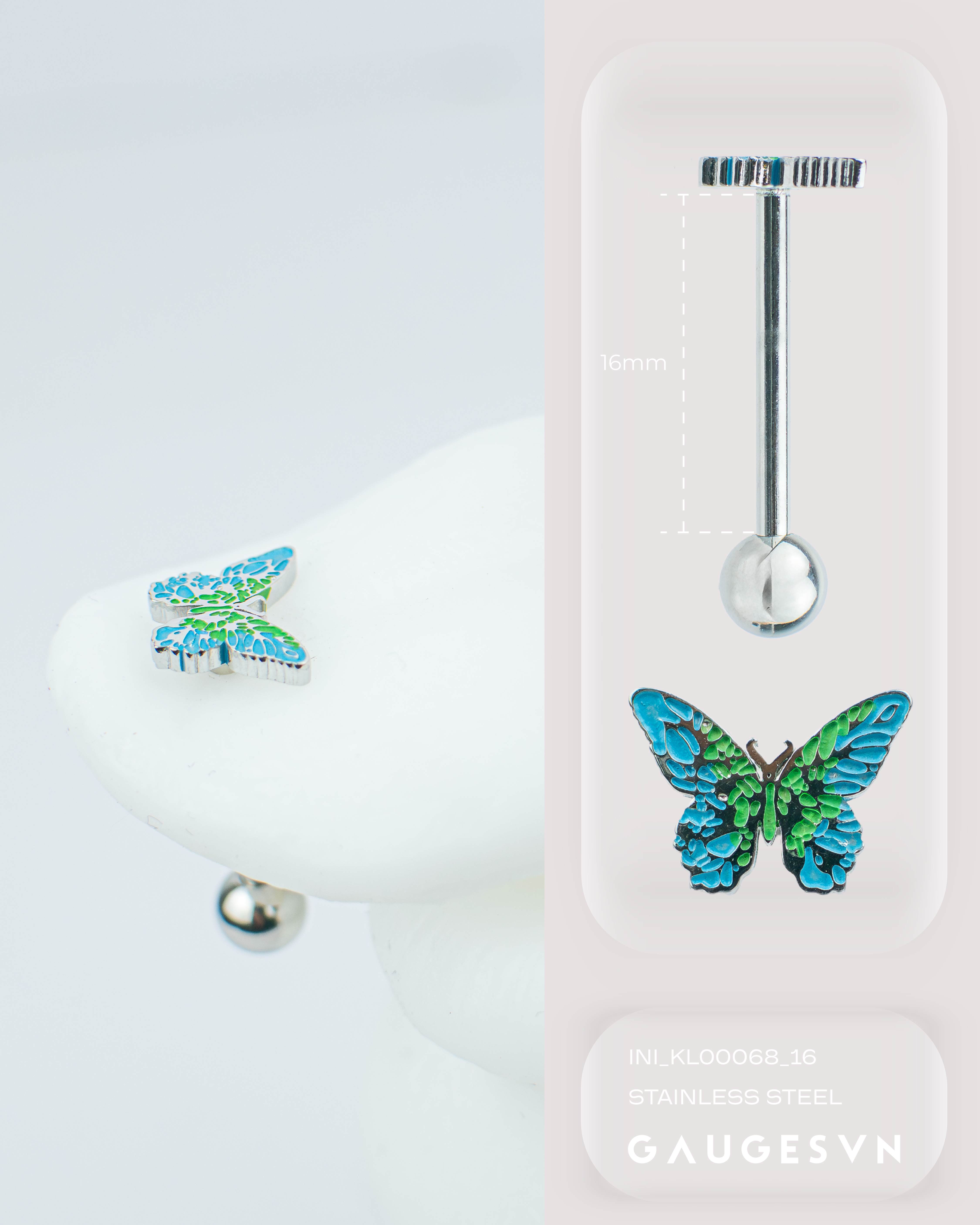 Khuyên lưỡi thép Thái butterfly xanh 2 màu