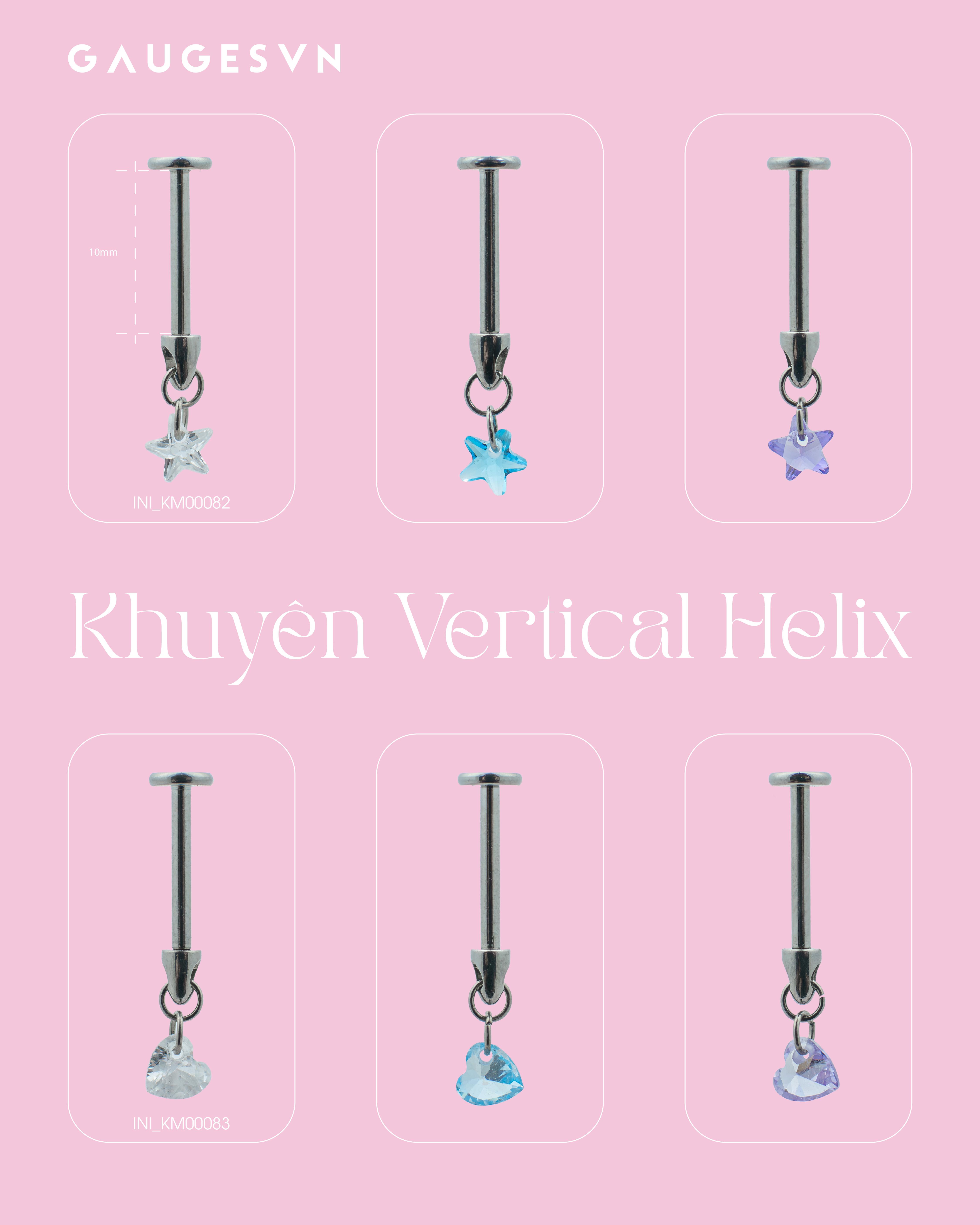 Khuyên tai Vertical Helix TITANIUM fall đá ngôi sao và trái tim 3 màu