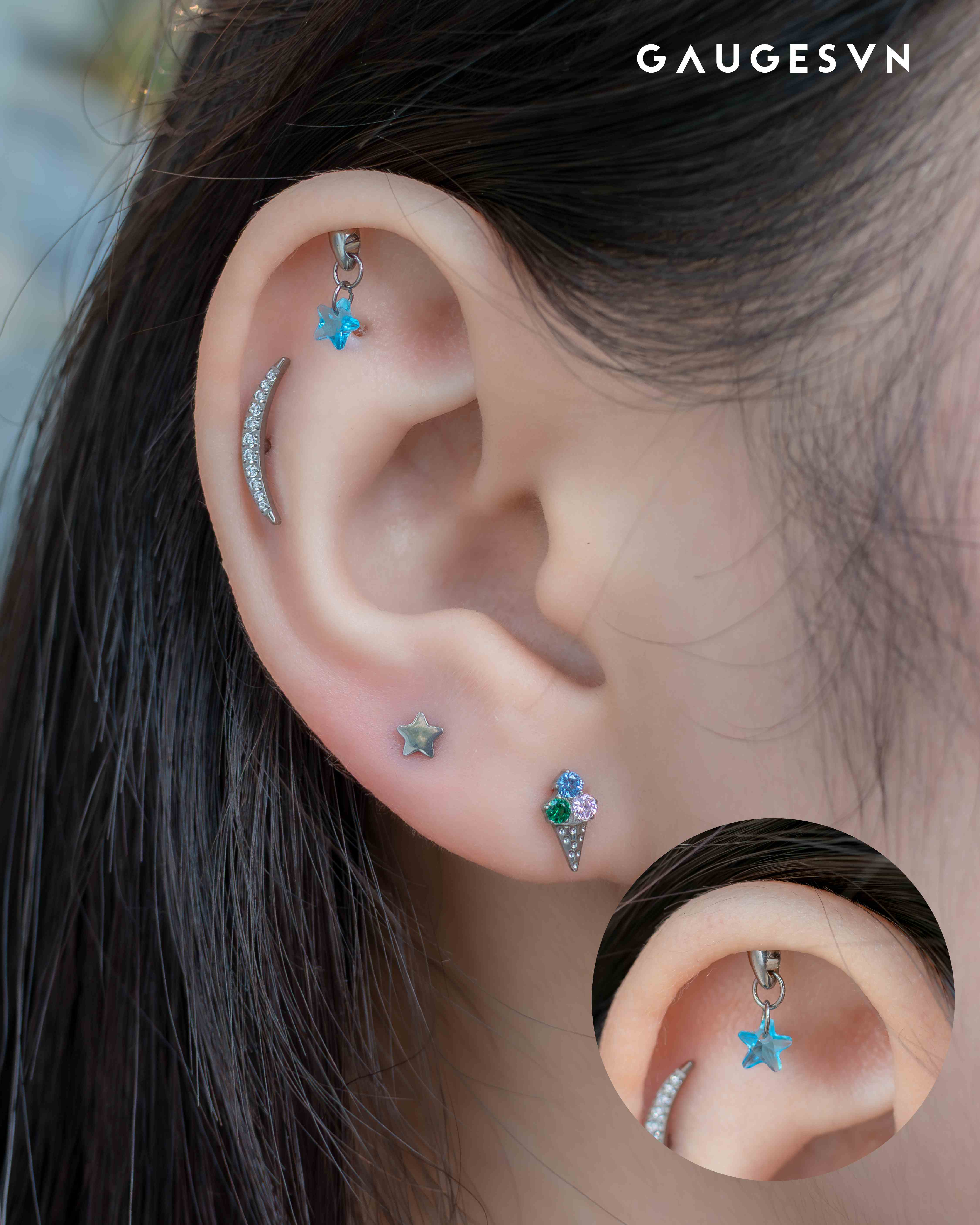 Khuyên tai Vertical Helix TITANIUM fall đá ngôi sao và trái tim 3 màu