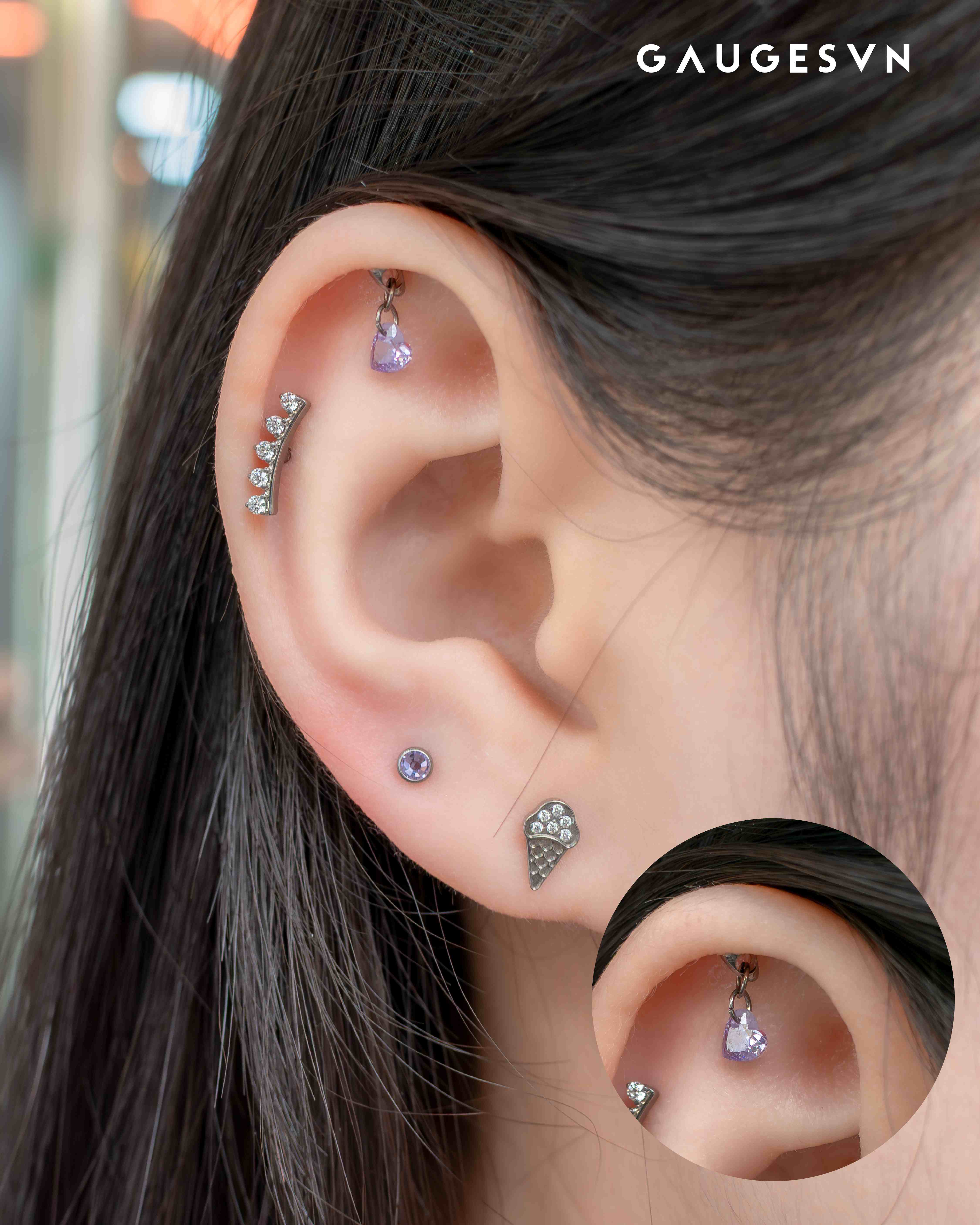 Khuyên tai Vertical Helix TITANIUM fall đá ngôi sao và trái tim 3 màu