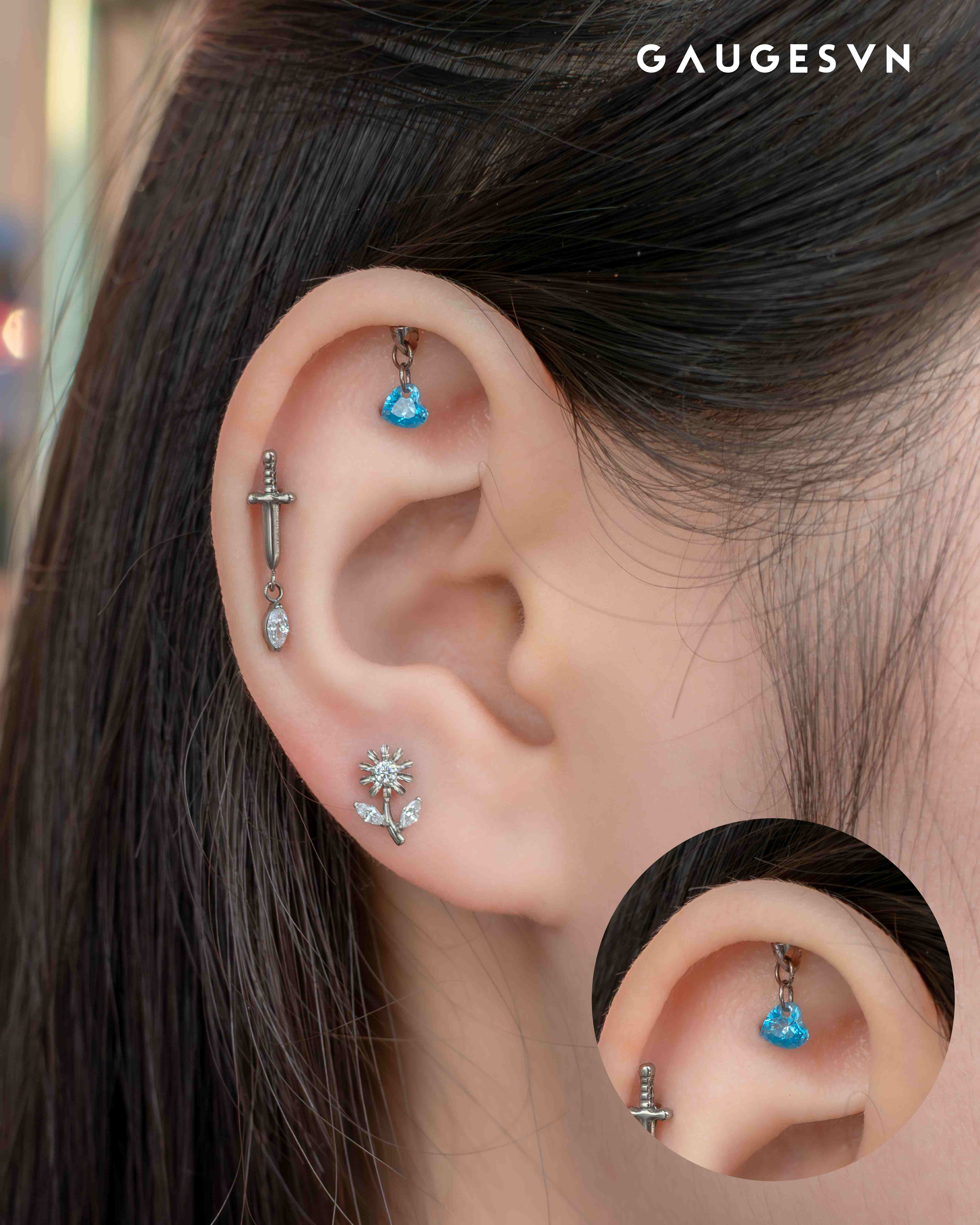 Khuyên tai Vertical Helix TITANIUM fall đá ngôi sao và trái tim 3 màu