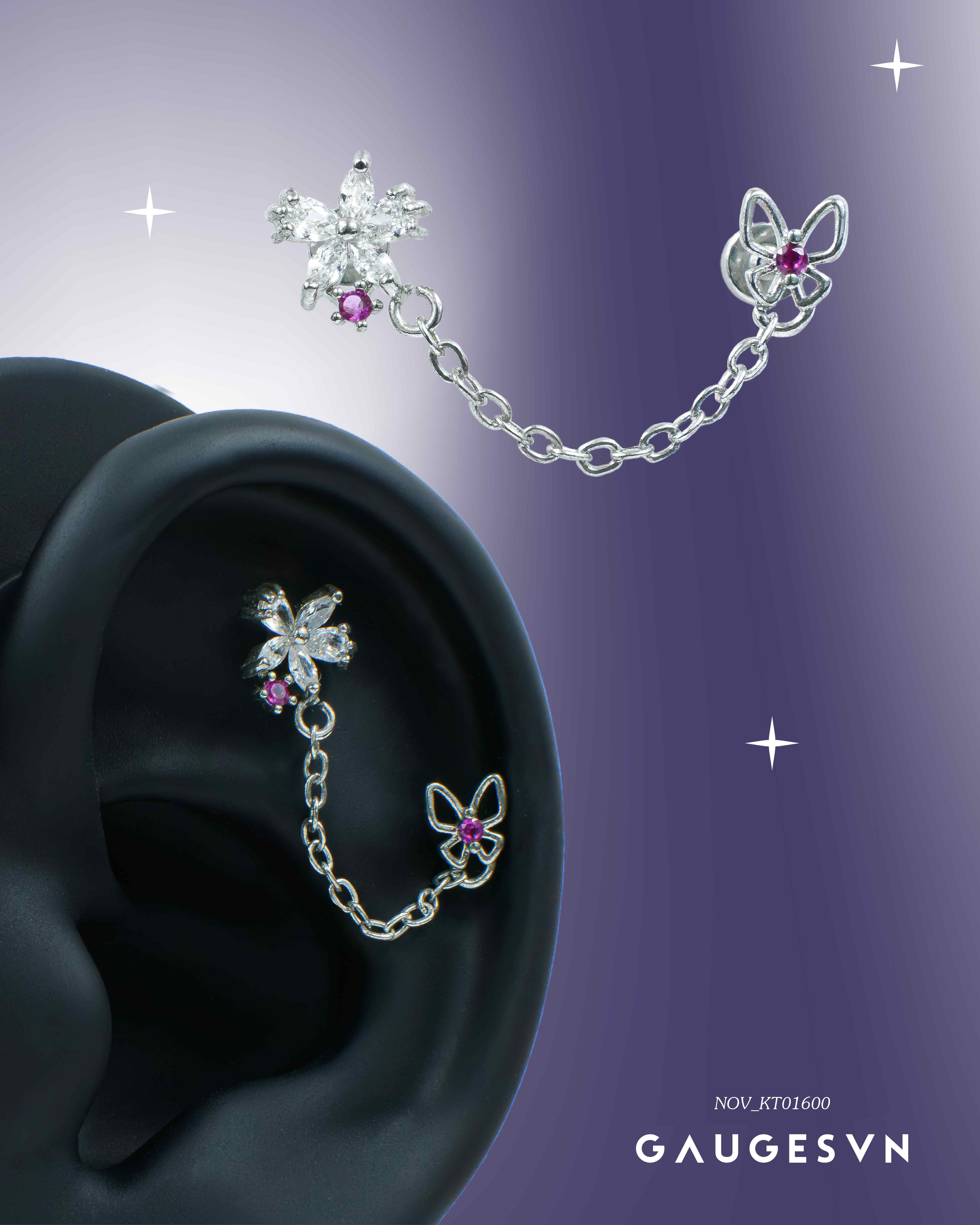 Khuyên tai đôi flower-butterfly đính đá hạt hồng