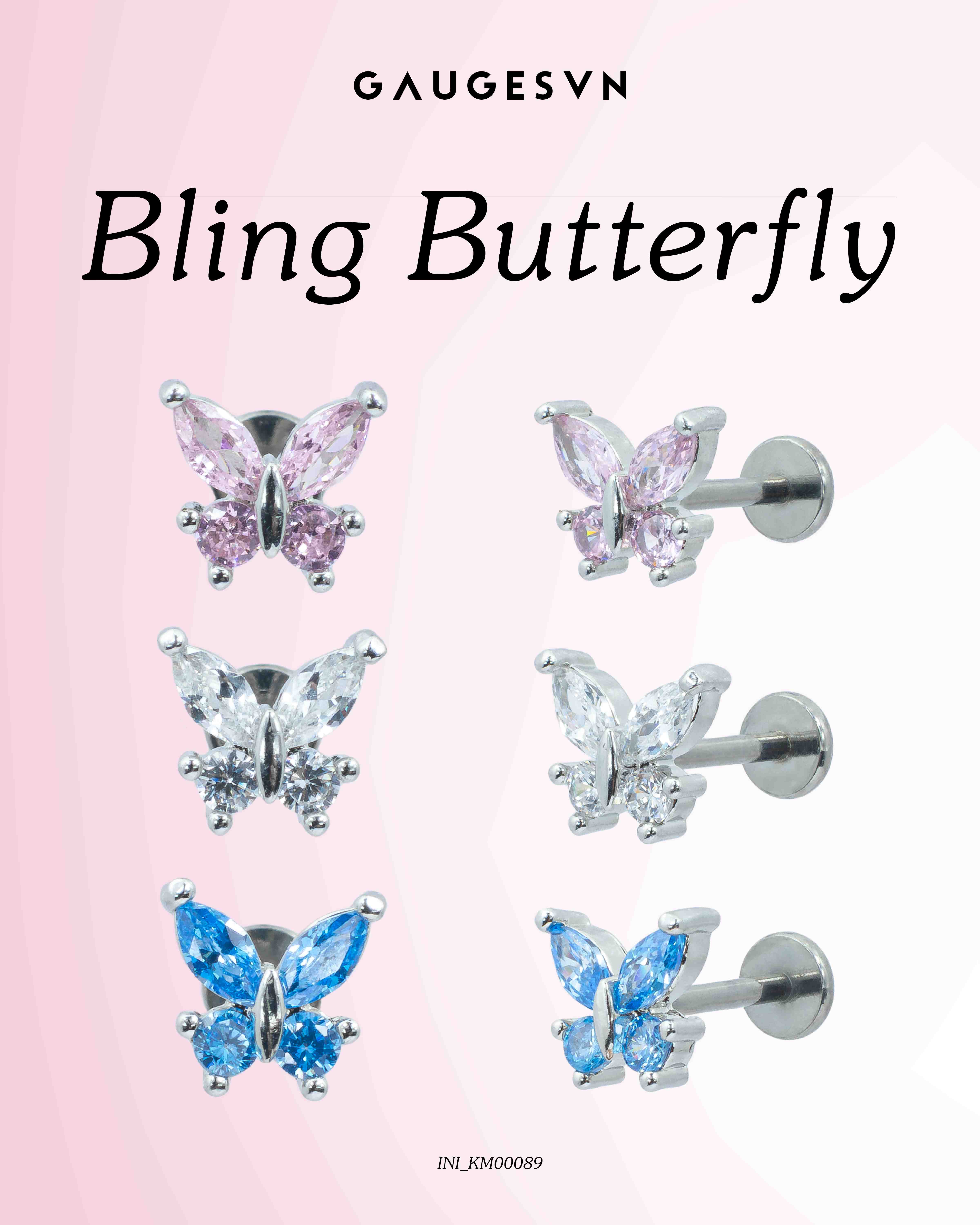 Khuyên tai TITANIUM butterfly đá Pink/White/Blue