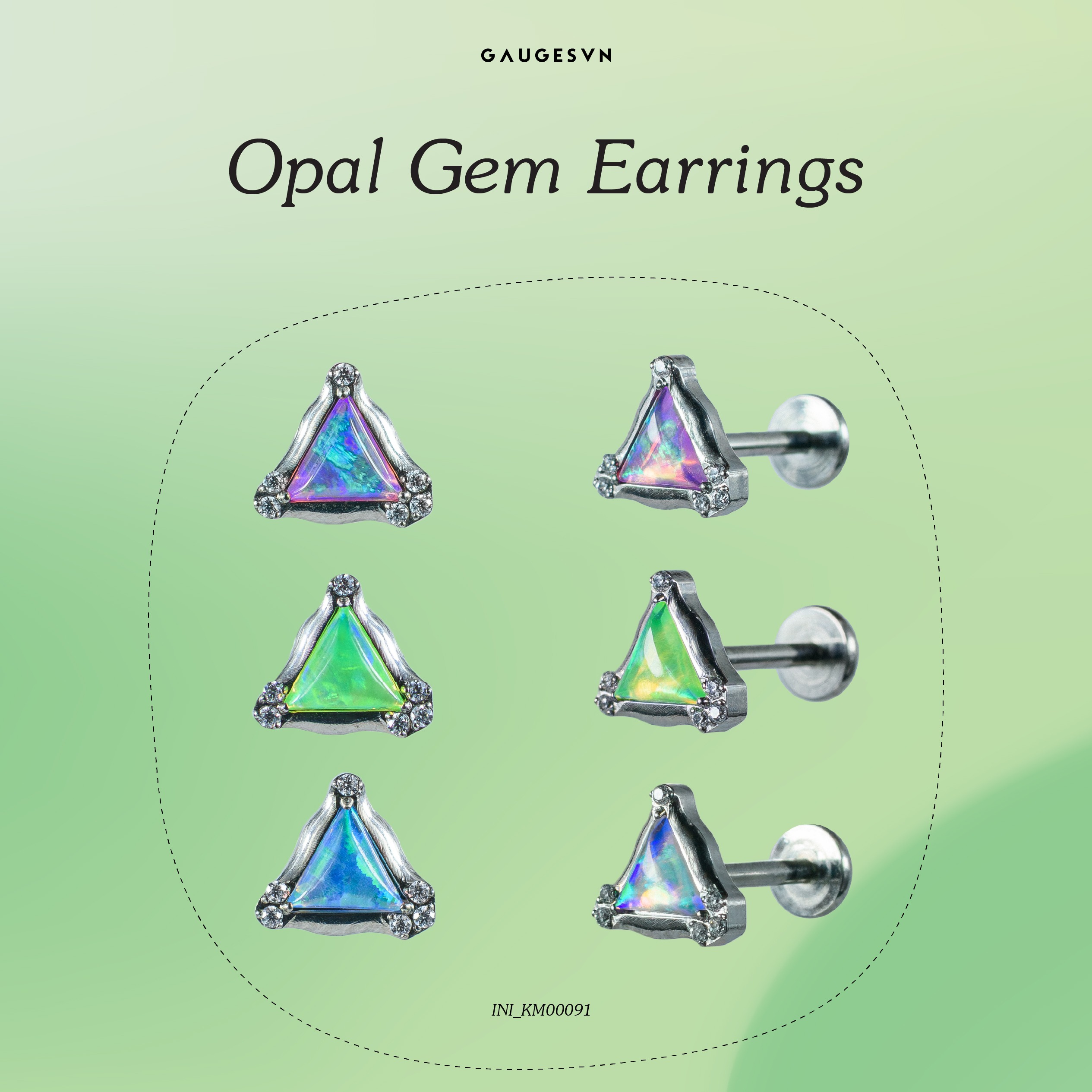Khuyên tai TITANIUM đá OPAL GEM tam giác đính 2 đá ở góc màu Aurora/NeonGreen/Midnight 