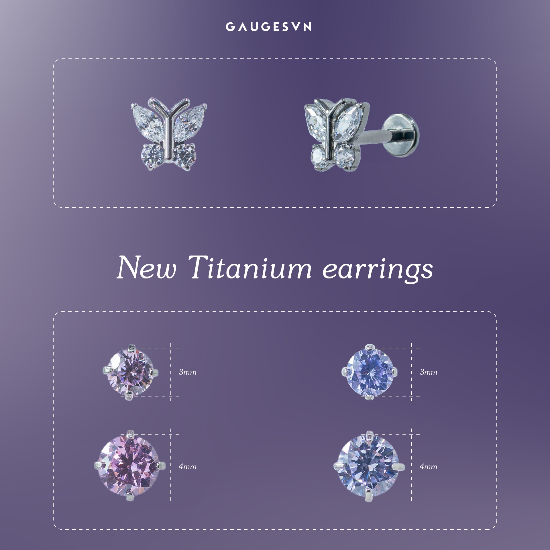 Khuyên tai TITANIUM butterfly đá trắng