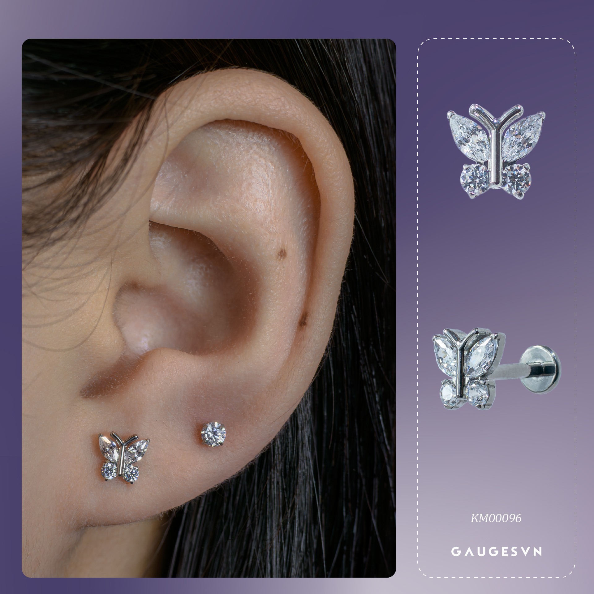 Khuyên tai TITANIUM butterfly đá trắng