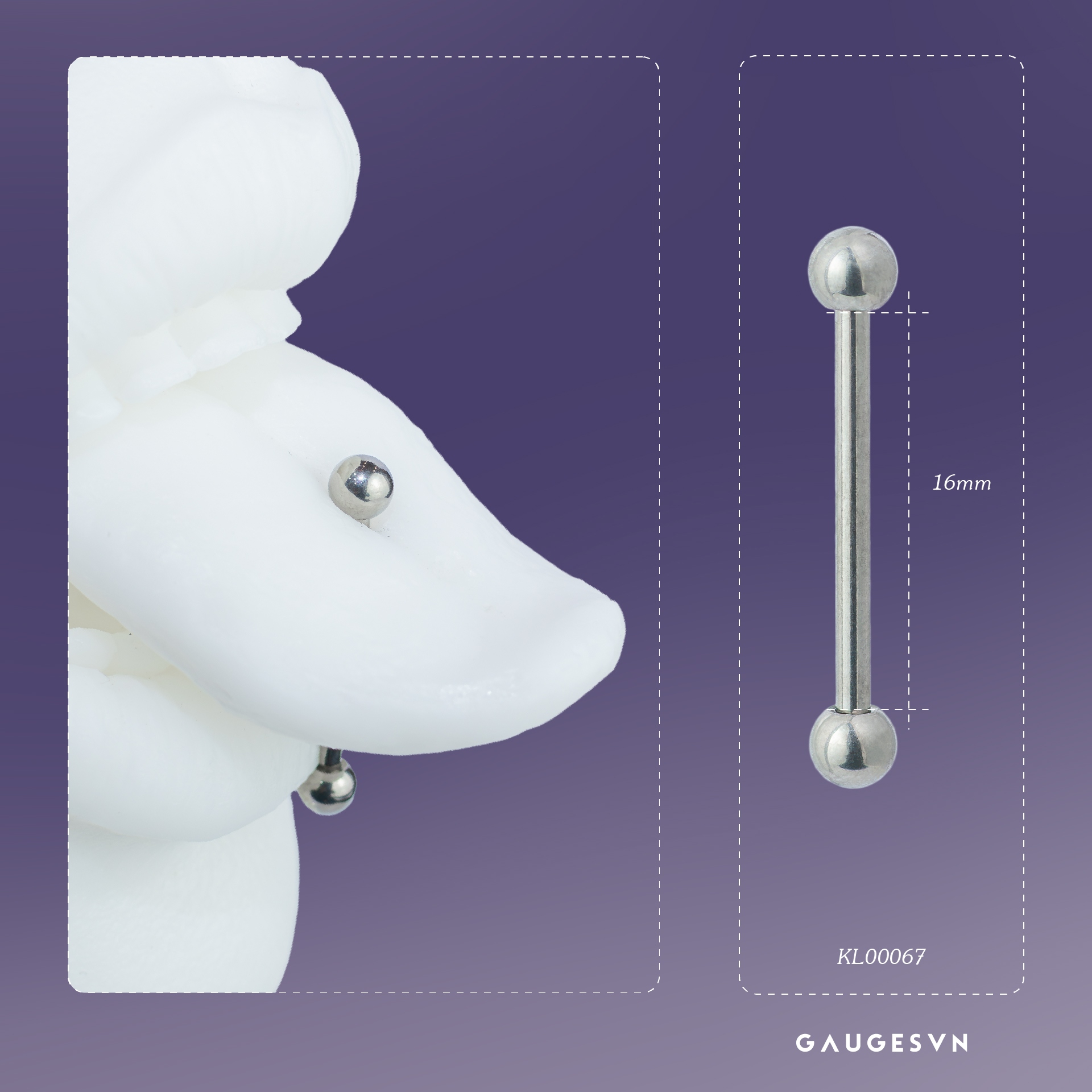 Khuyên lưỡi TITANIUM 2 đầu bi trơn và 2 đầu flat back màu bạc