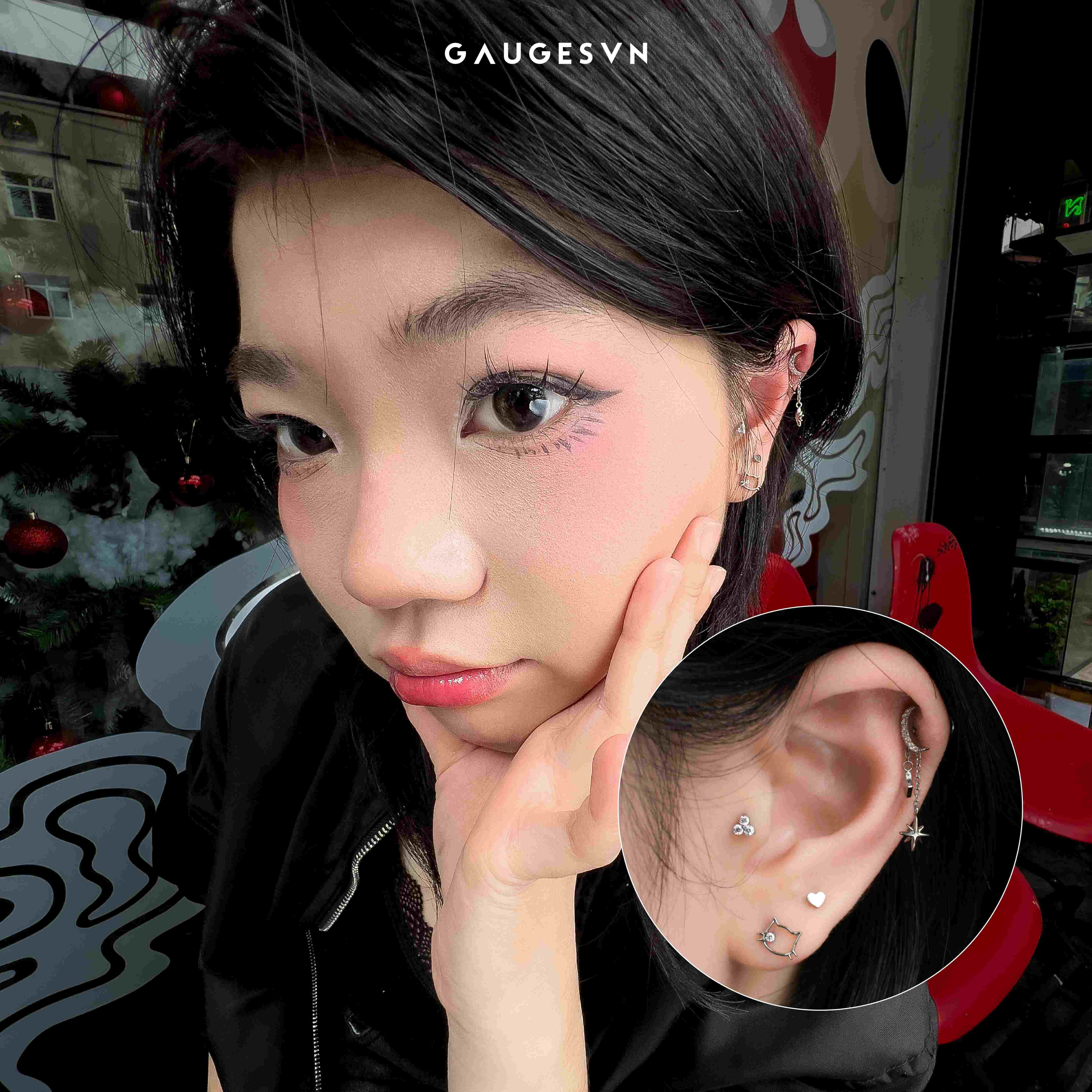 Khuyên tai TITANIUM Crescent Moon & Cross & Clover & Heart