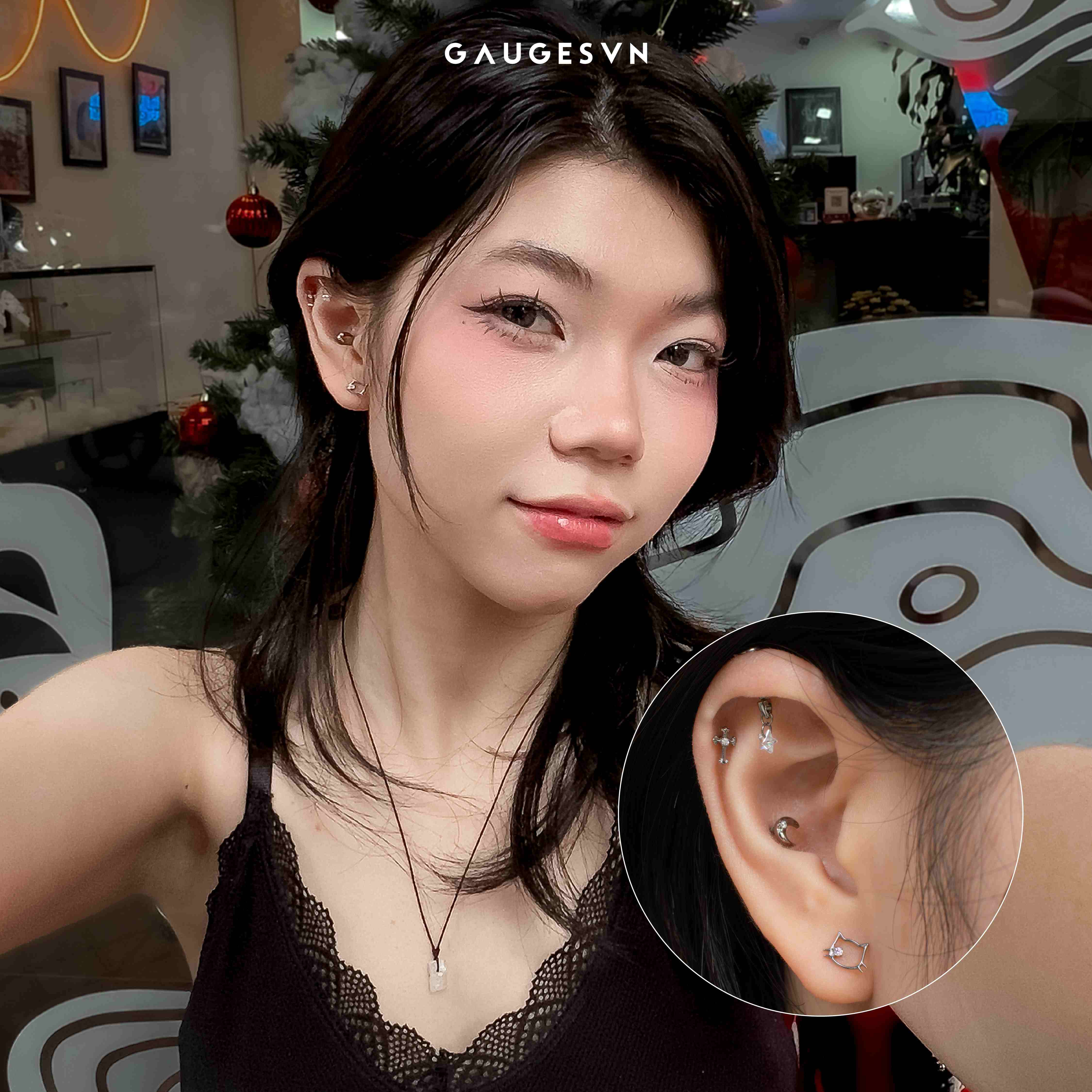 Khuyên tai TITANIUM Crescent Moon & Cross & Clover & Heart