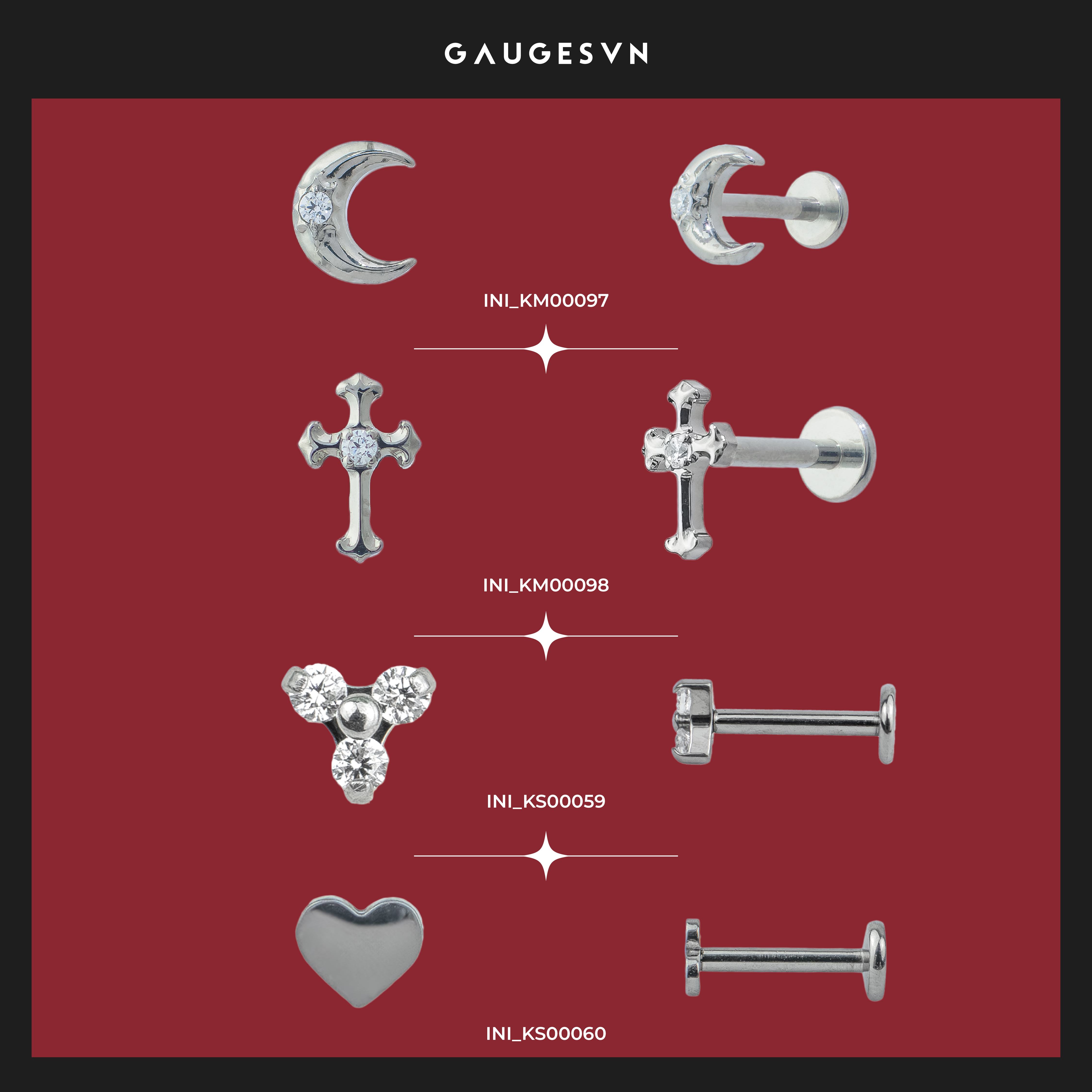 Khuyên tai TITANIUM Crescent Moon & Cross & Clover & Heart