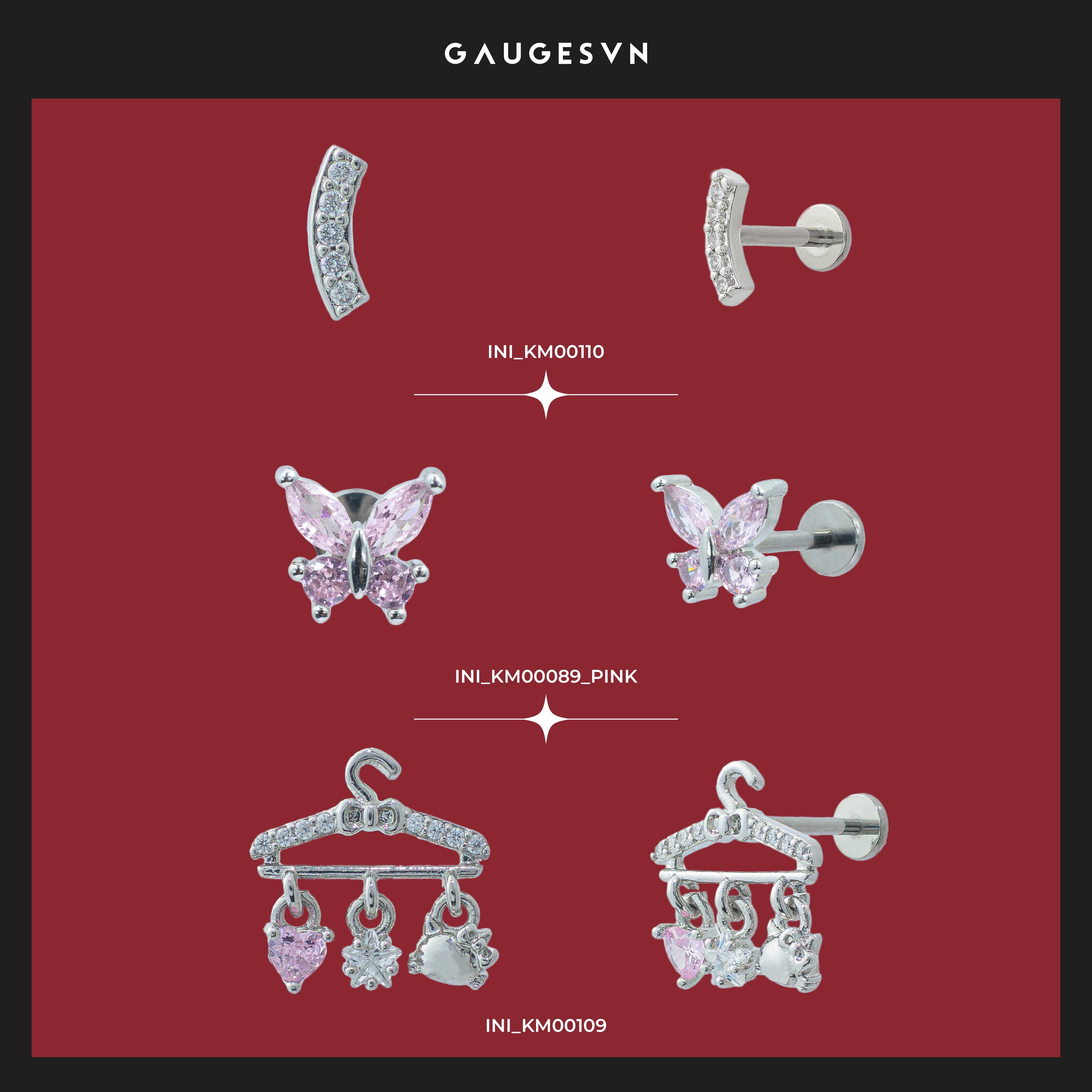 Khuyên TITANIUM Thanh cong & Butterfly hồng & Cái móc