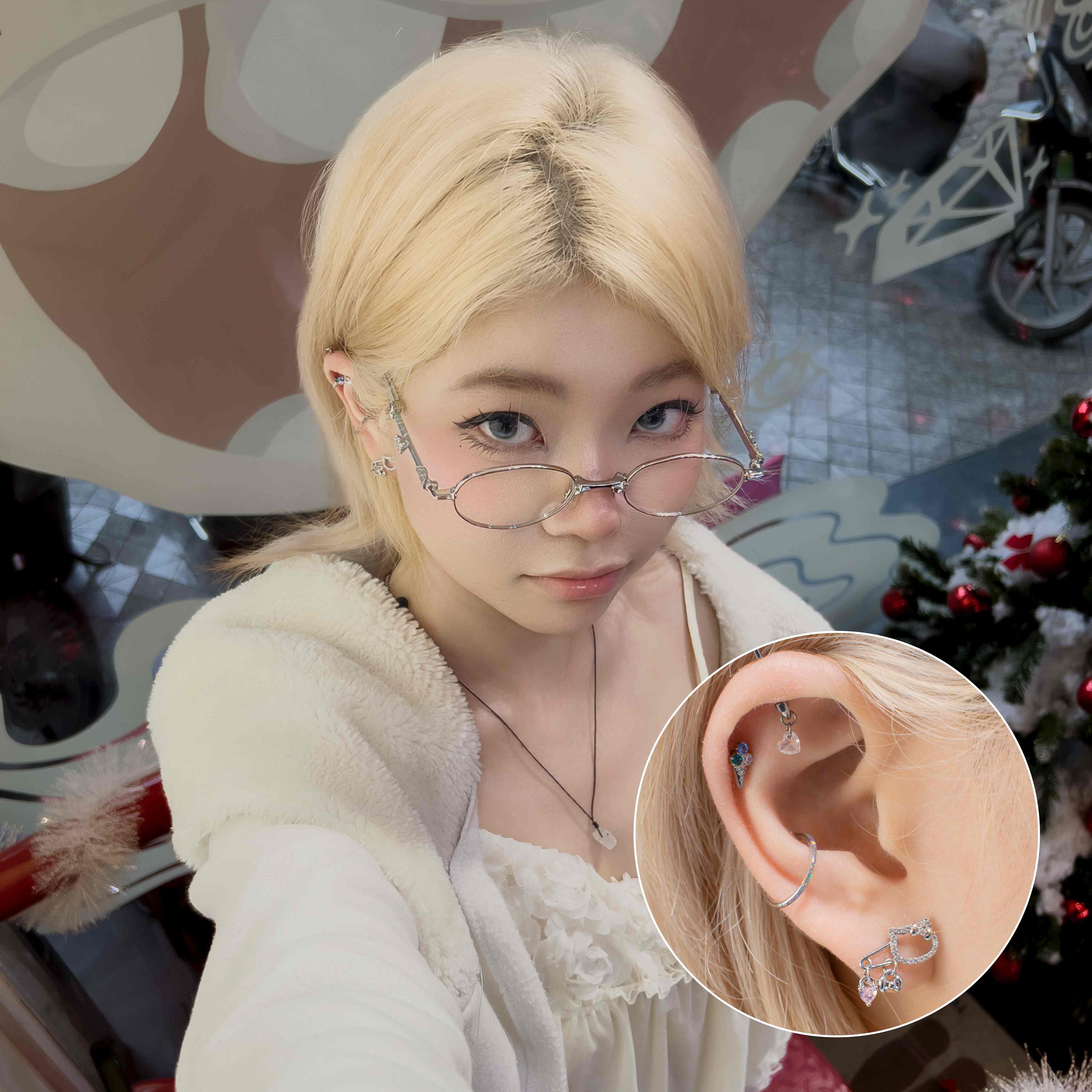 Khuyên TITANIUM Kem ốc quế 3 màu & Mèo cartoon & Trái tim trắng & Hello Kitty