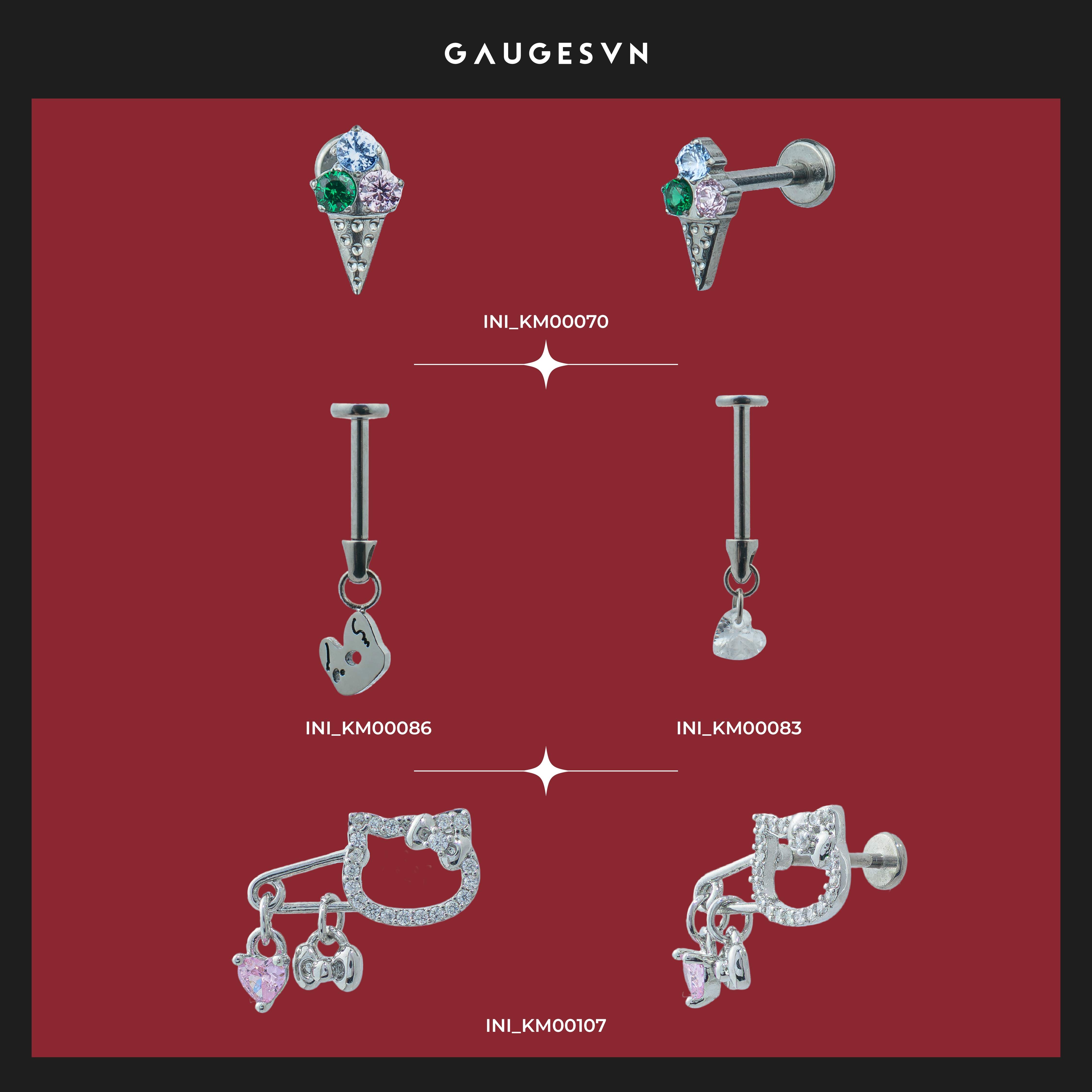 Khuyên TITANIUM Kem ốc quế 3 màu & Mèo cartoon & Trái tim trắng & Hello Kitty