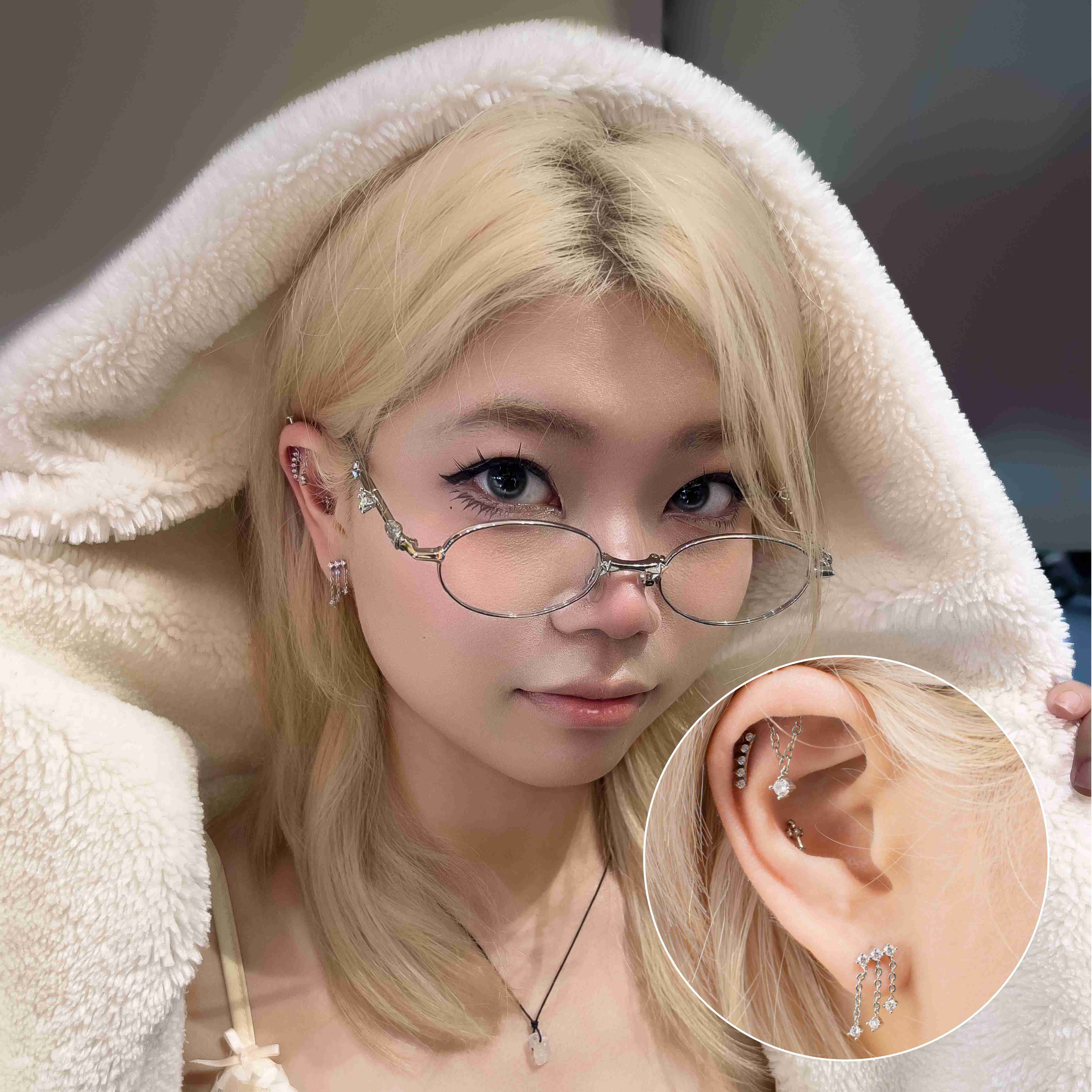 Khuyên TITANIUM Thánh giá & Răng cưa 5 đá & Ba đá rũ xích layer