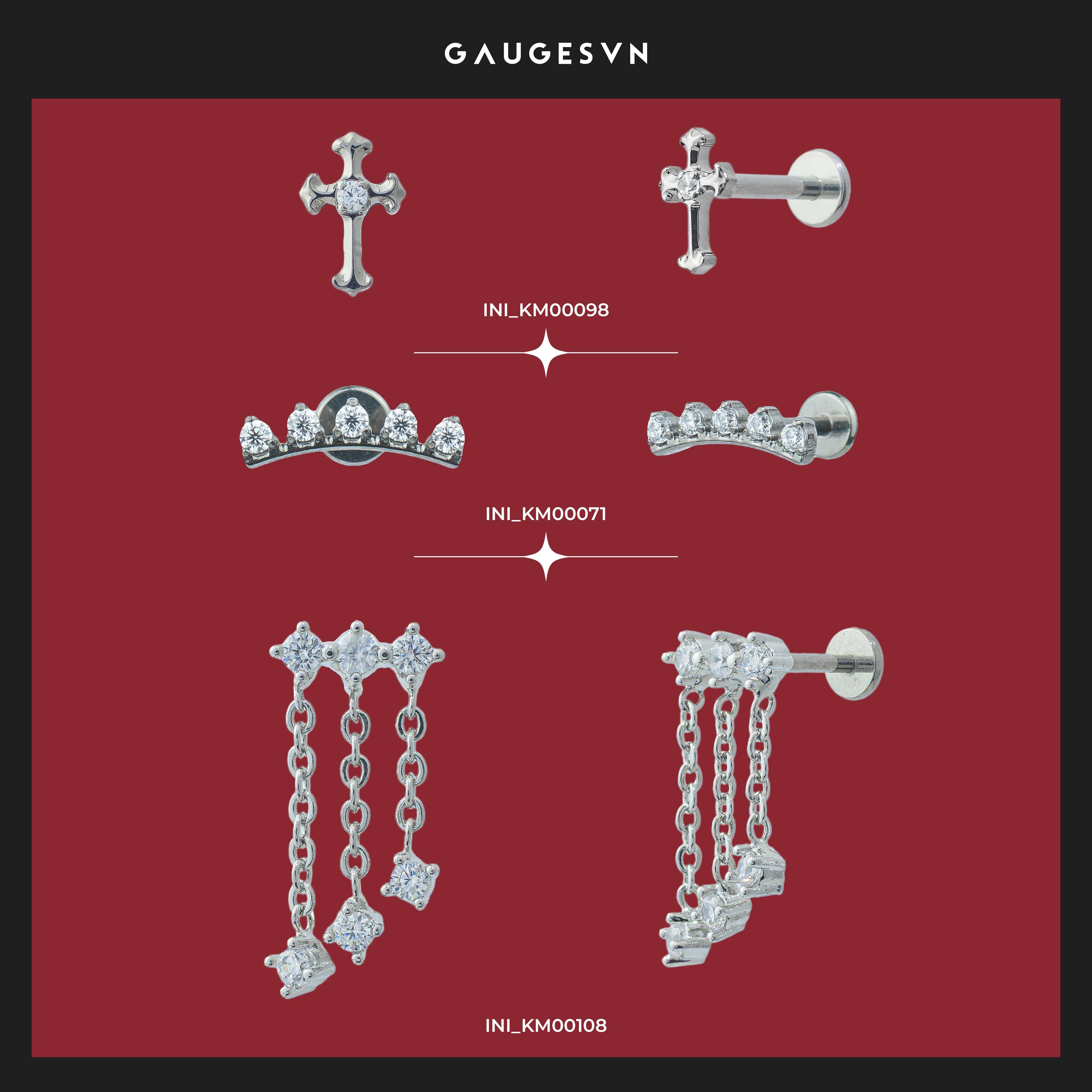 Khuyên TITANIUM Thánh giá & Răng cưa 5 đá & Ba đá rũ xích layer