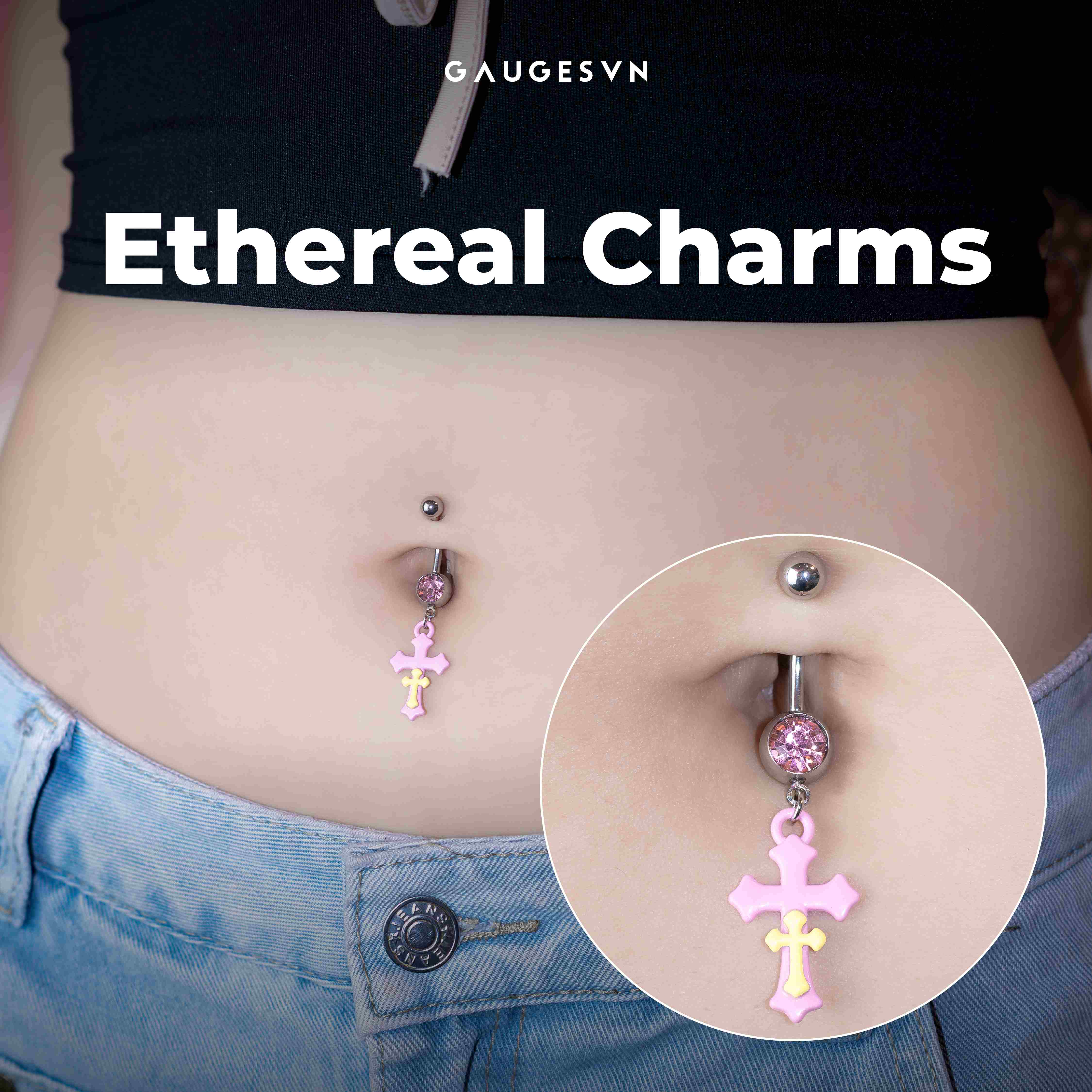 Khuyên rốn thân thép 316 charm fall Thánh giá | Chân mèo | Trái tim hồng | Sao tim đen | Thỏ hồng